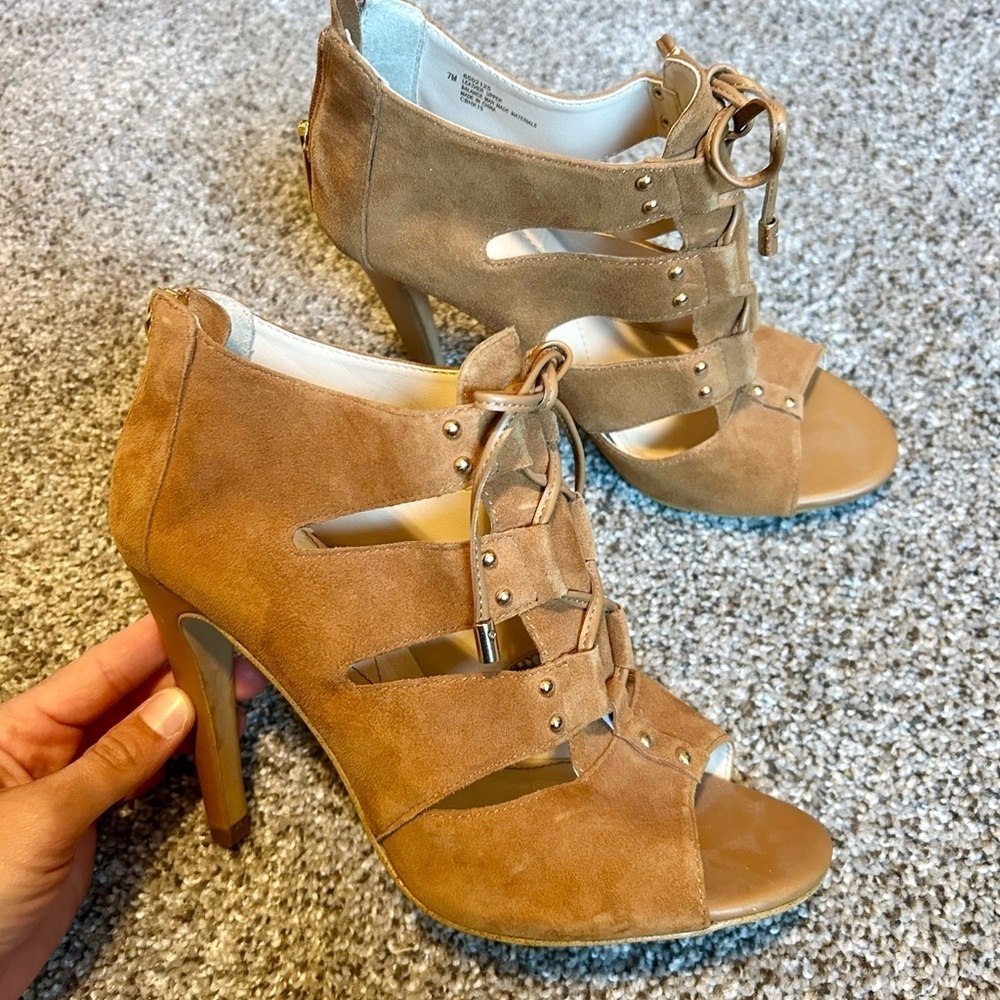 Isola Brown suede Lace-Up open toed Women's stiletto heels with gold accent